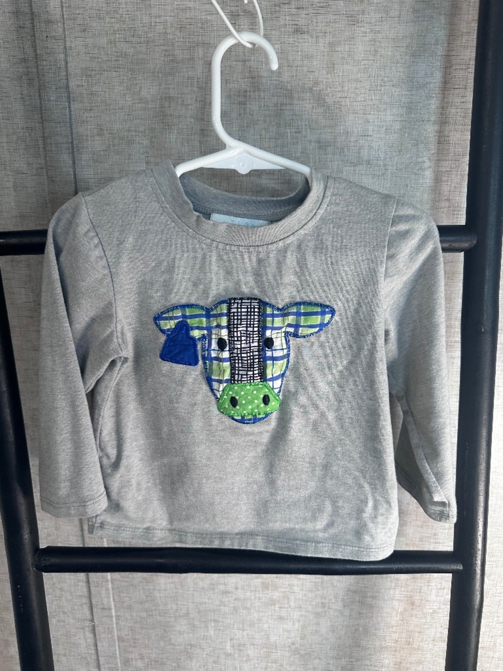 Boutique Toddler Boys Cow Shirt Farm Animal Appliqué Gray Long Sleeve